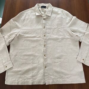 Men's Linen Cream Beige Lightweight Long Sleeve Shirt Jacket with Patch Pockets